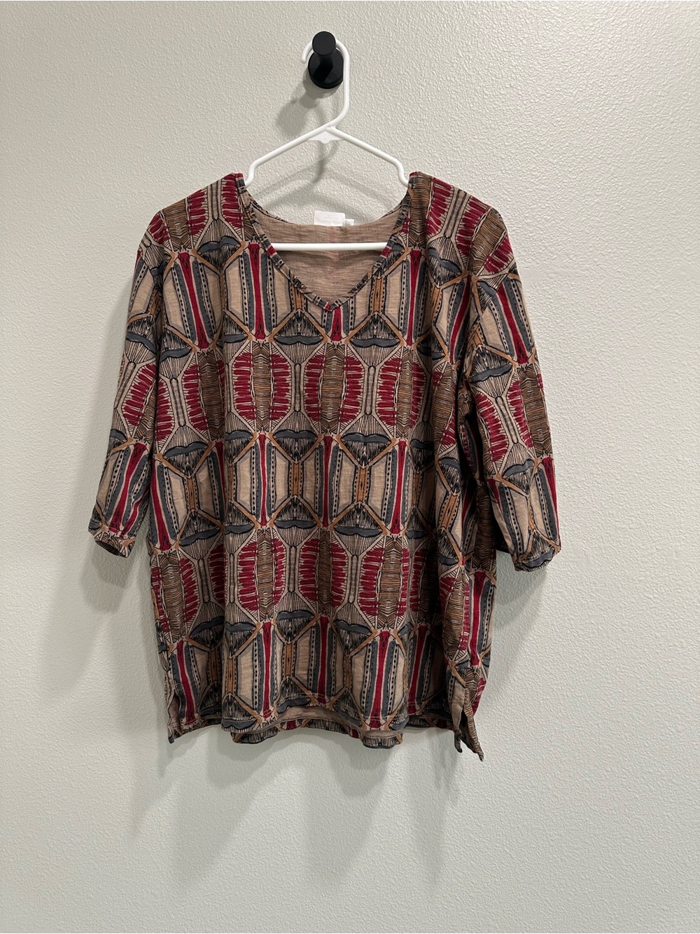 Prairie Cotton Relaxed Geometric Print Womens Top,3/4 sleeve,USA